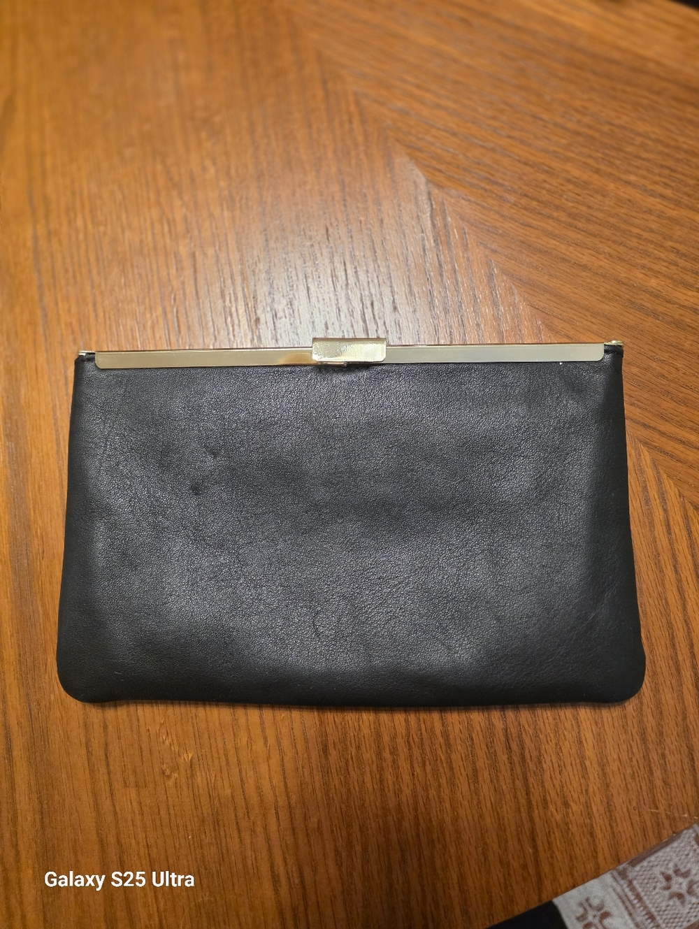 J. Crew Vintage Style Black Leather Clutch with Gold Bar Frame - Picture 13 of 17